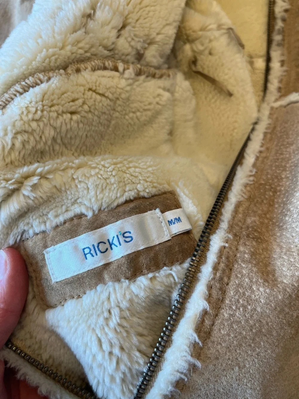 Vintage Y2K leather Sherpa Jacket Shearling Style Coat Aviator Beige Warm - Picture 12 of 16